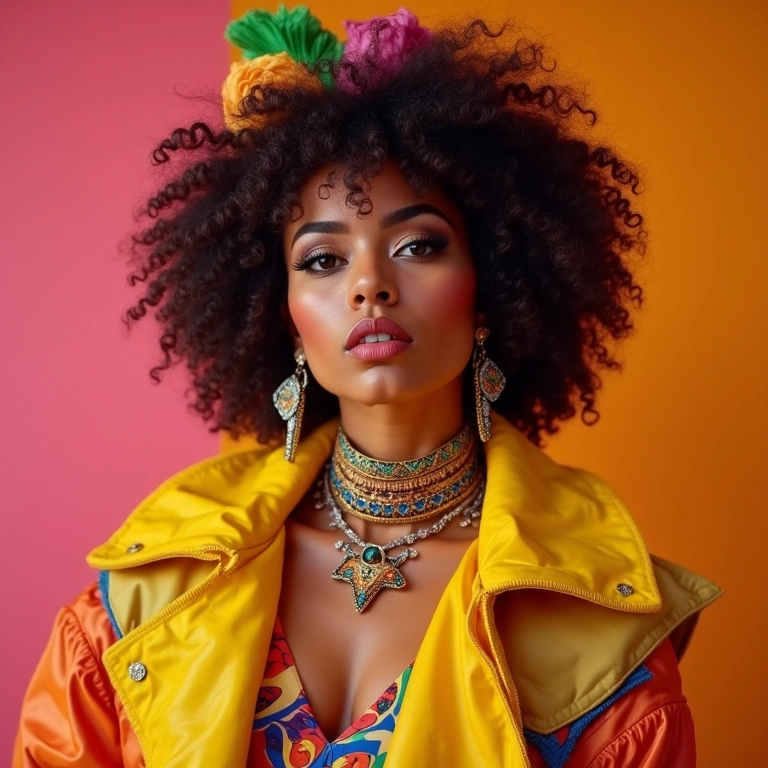 Mulher brasileira com roupa vibrante dos anos 80, acessórios grandes e maquiagem ousada.