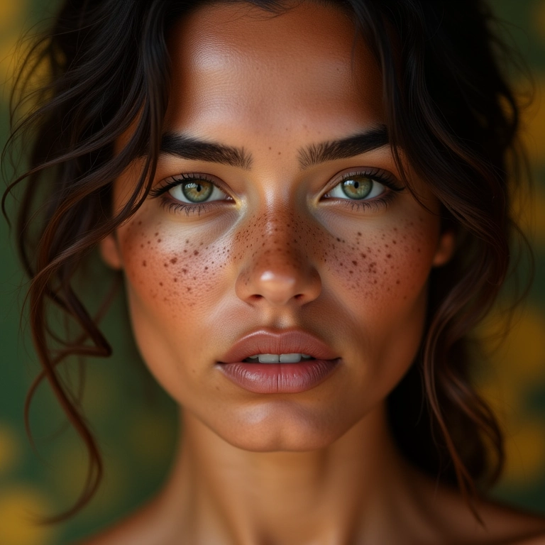 Mulher brasileira com sardas, maquiagem natural realçando a beleza.