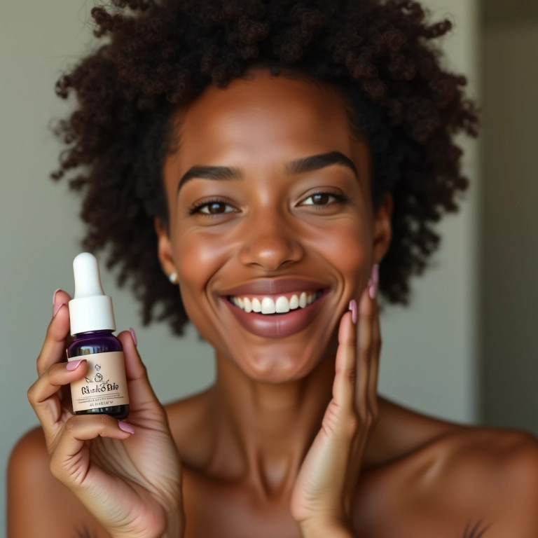 Mulher brasileira com tom de pele uniforme, usando óleo de semente de uva.