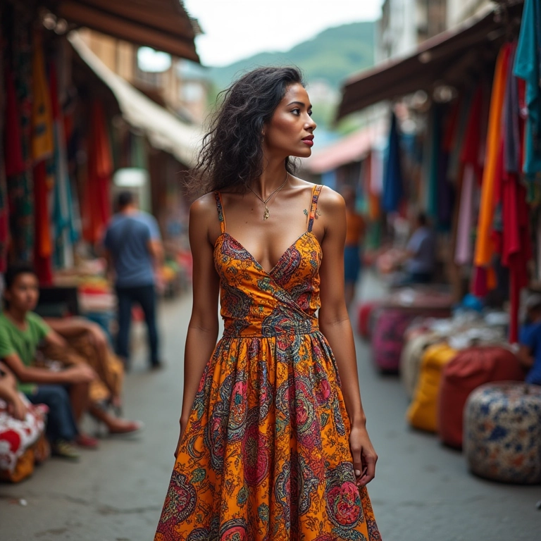 Mulher brasileira com vestido vibrante em mercado de rua no Rio, representando a história da moda brasileira.