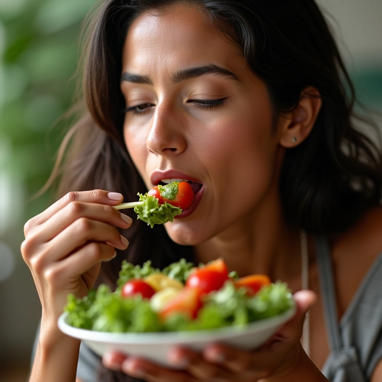 Mulher brasileira comendo salada colorida, focando em alimentação saudável para cabelos fortes.