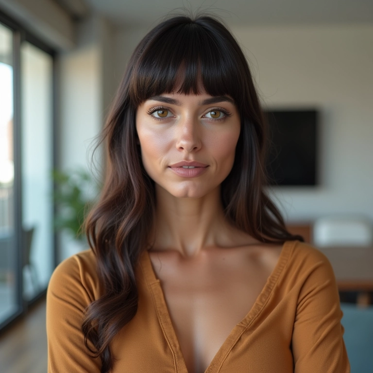 Mulher brasileira confiante com franja reta em apartamento moderno.