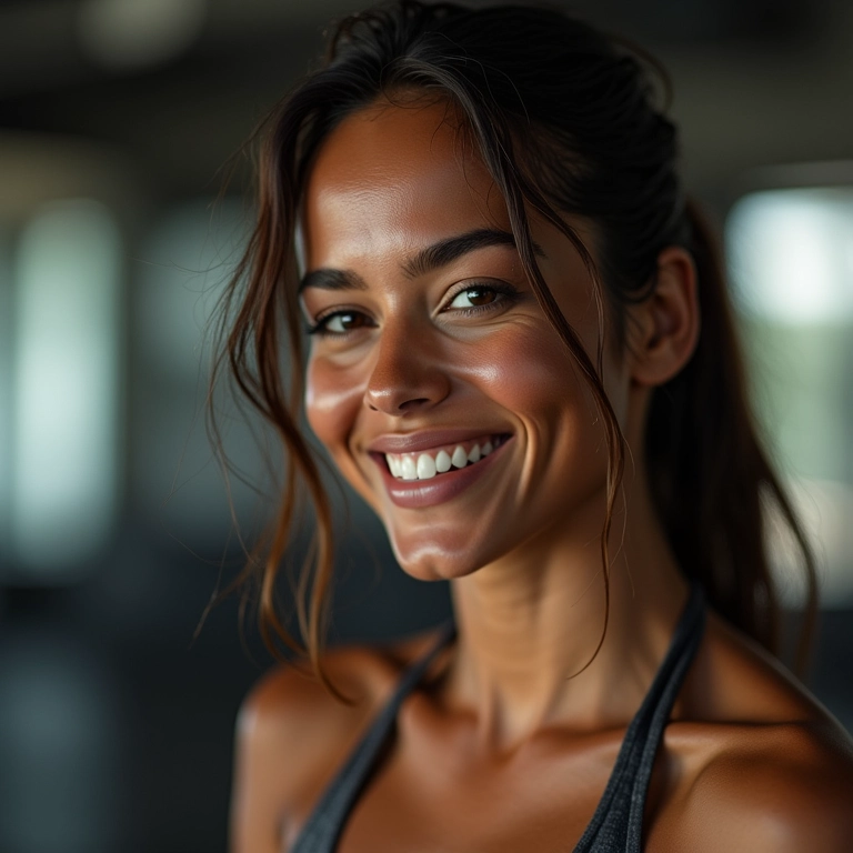 Mulher brasileira confiante com maquiagem à prova de suor na academia.