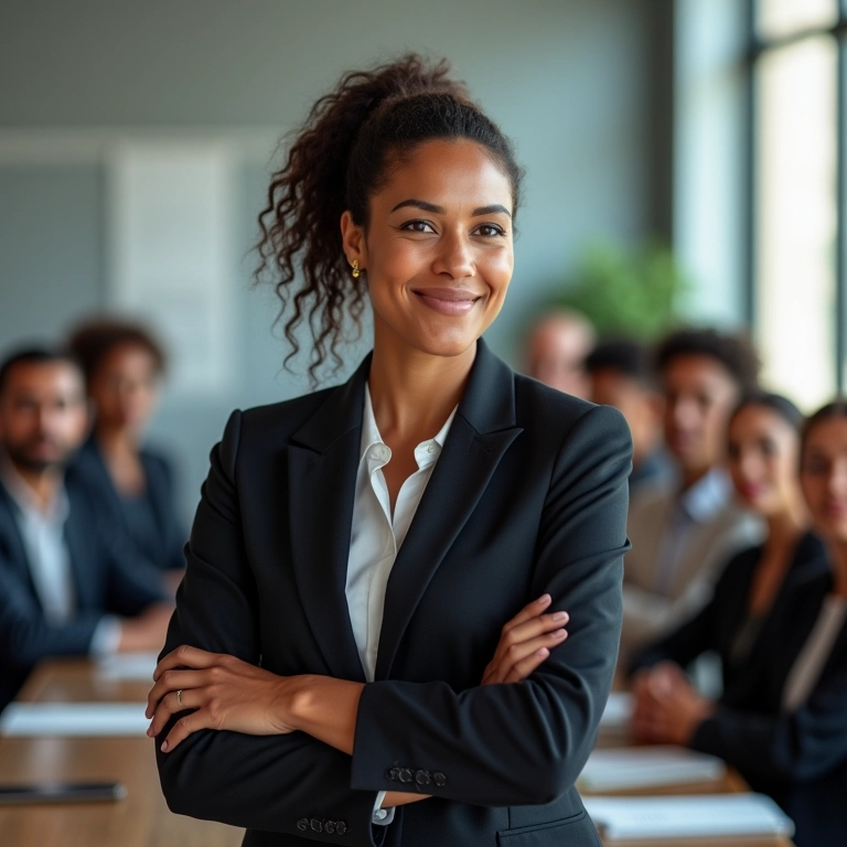 Mulher brasileira confiante liderando reunião em sala de diretoria.