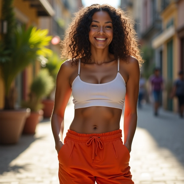 Mulher brasileira confiante usando calça clochard que valoriza a silhueta.