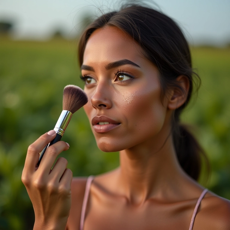 Mulher brasileira contornando as maçãs do rosto com um pincel de maquiagem.