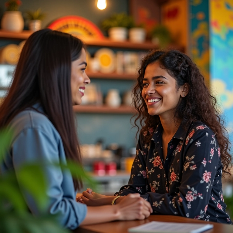 Mulher brasileira conversando com agente de turismo sobre pacotes para Machu Picchu.