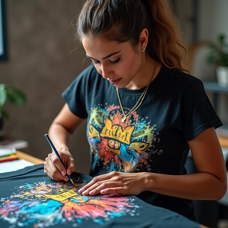 Mulher brasileira criando uma camiseta personalizada de banda de rock com cores vibrantes.