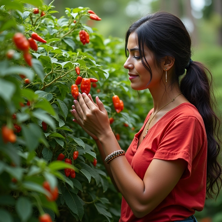 Mulher brasileira cuidando de pimentas em seu jardim vibrante.