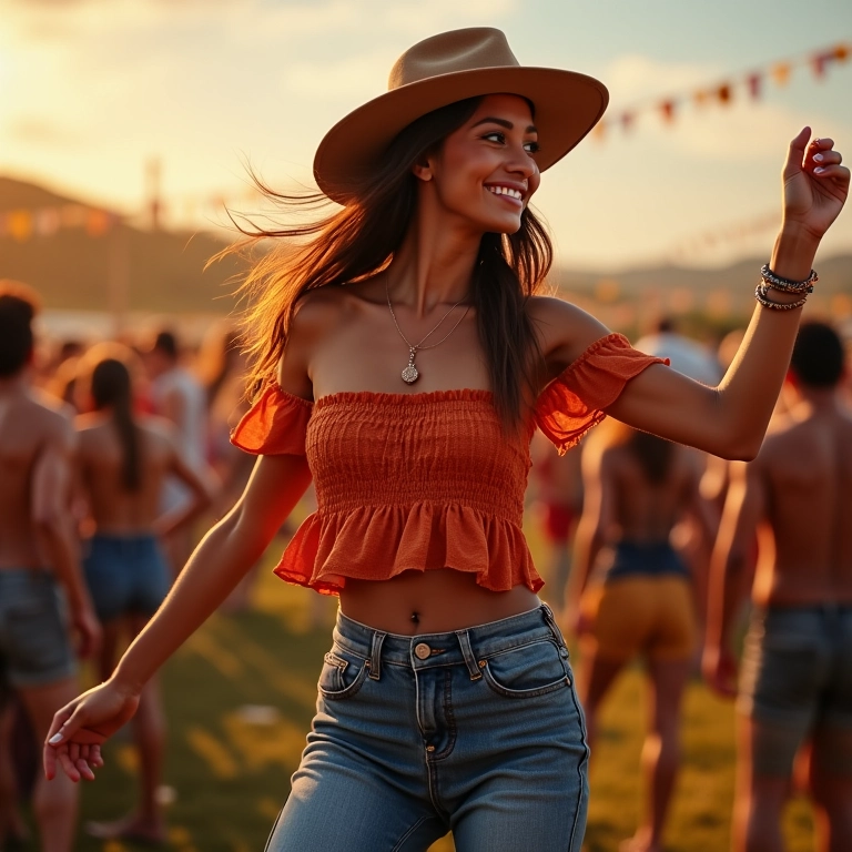 Mulher brasileira dançando em festa ao ar livre com cropped e calça flare.