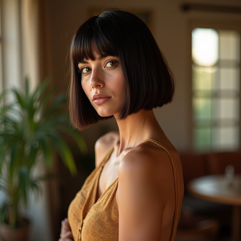 Mulher brasileira de meia-idade com corte bob elegante em sala de estar aconchegante.