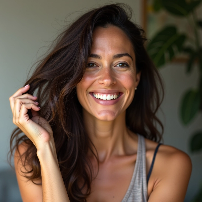 Mulher brasileira de meia-idade sorrindo e passando os dedos pelos cabelos fortes.