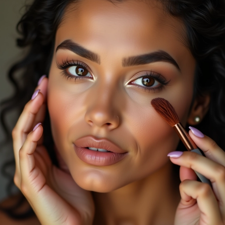 Mulher brasileira de rosto redondo aplicando maquiagem com foco no contorno.