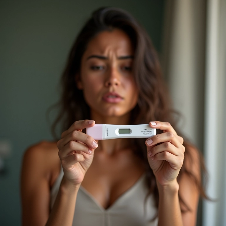 Mulher brasileira desapontada com resultado negativo de teste de gravidez.