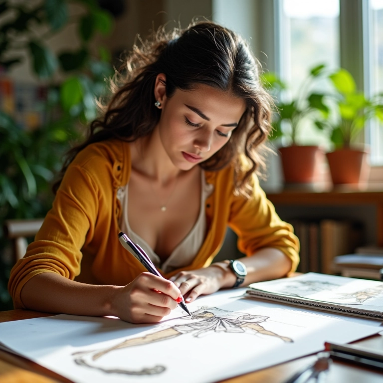 Mulher brasileira desenhando esboços de moda em seu estúdio vibrante.