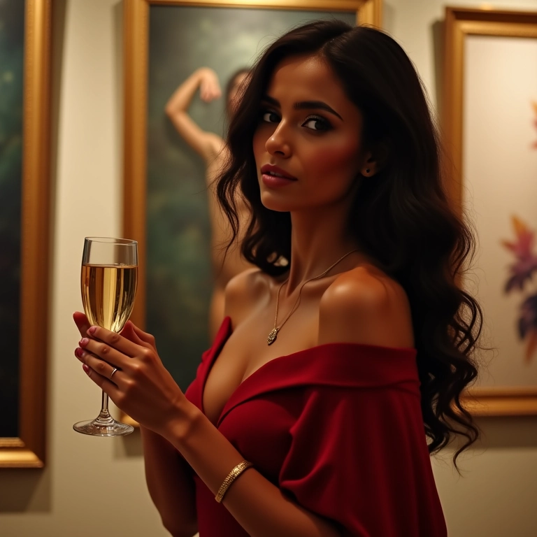 Mulher brasileira elegante em uma vernissage, segurando uma taça de champanhe.