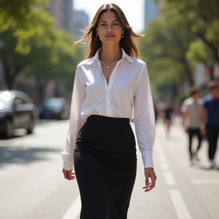 Mulher brasileira elegante usando saia lápis preta e blusa branca, caminhando em São Paulo.