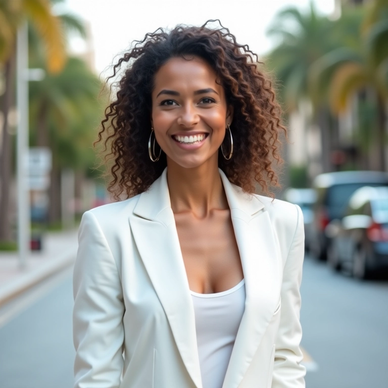 Mulher brasileira elegante vestindo blazer branco em ambiente urbano.