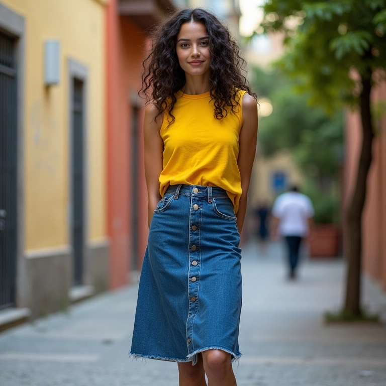Mulher brasileira em ambiente urbano vestindo saia jeans midi estilosa.