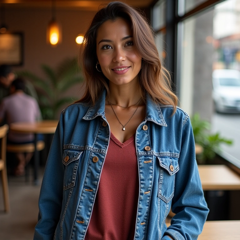 Mulher brasileira em café de Porto Alegre usando conjunto de moletom com jaqueta jeans como terceira peça.