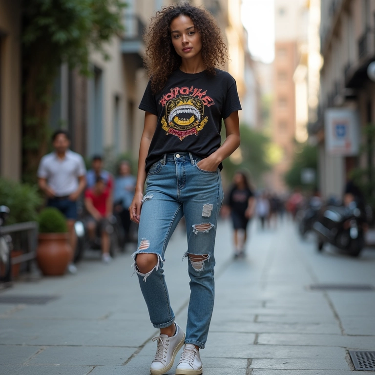 Mulher brasileira em estilo de rua moderno, usando uma camiseta com um logotipo de banda, jeans rasgados e tênis.