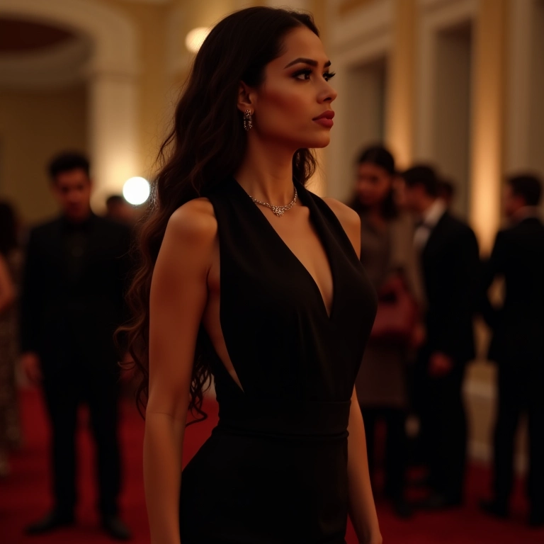 Mulher brasileira em evento social usando macacão de alfaiataria sofisticado.