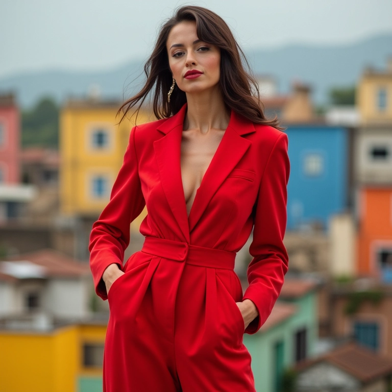 Mulher brasileira em macacão de alfaiataria vermelho vibrante em cenário urbano.