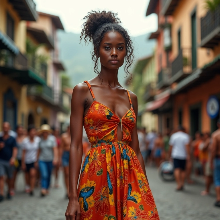 Mulher brasileira em vestido vibrante na rua do Rio, mostrando a evolução da moda no Brasil.
