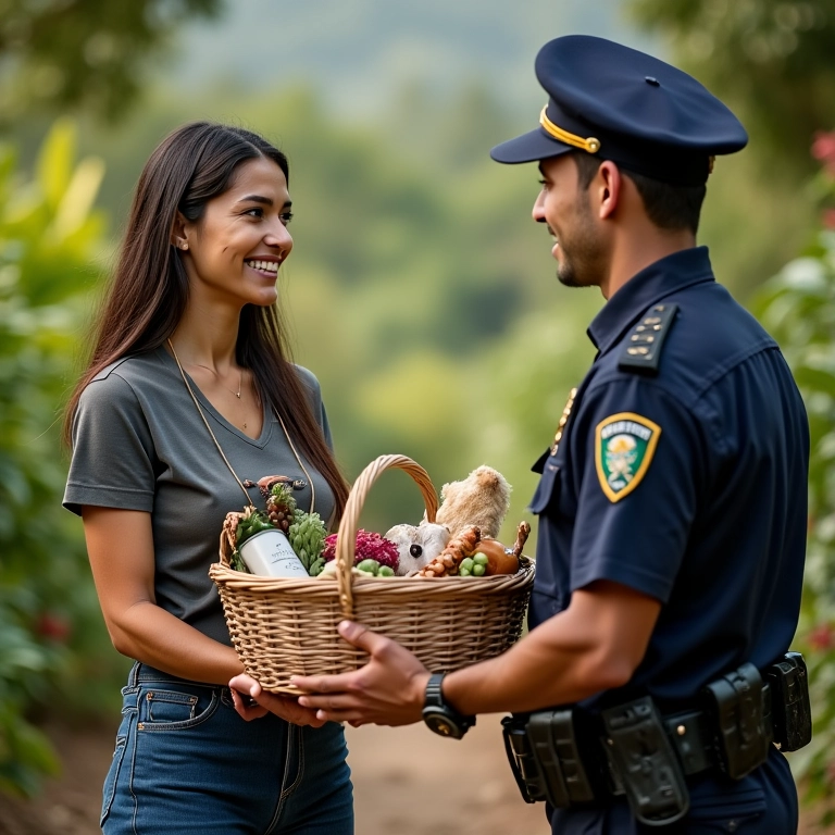Mulher brasileira entregando uma cesta de presentes artesanais a um policial sorrindo.