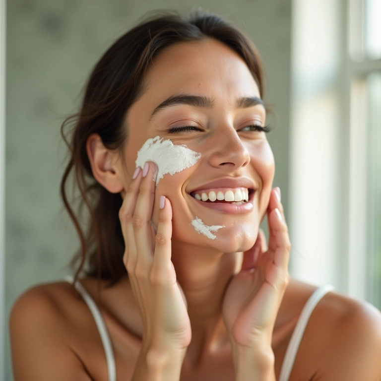 Mulher brasileira esfoliando o rosto com um esfoliante suave em um banheiro iluminado.