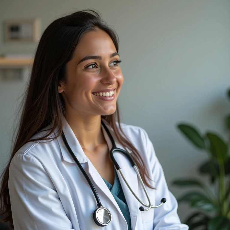 Mulher brasileira esperançosa em consultório médico, discutindo fertilidade e SOP.