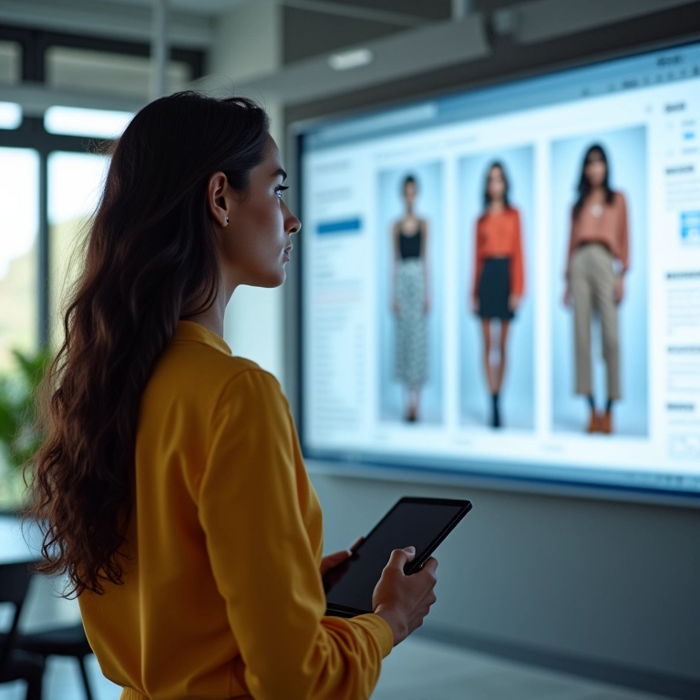 Mulher brasileira estilosa analisando dados de campanha de moda em escritório moderno.