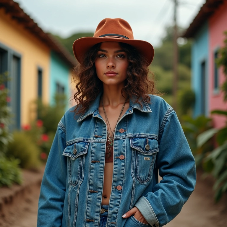 Mulher brasileira estilosa com jaqueta jeans oversized em cenário urbano vibrante.