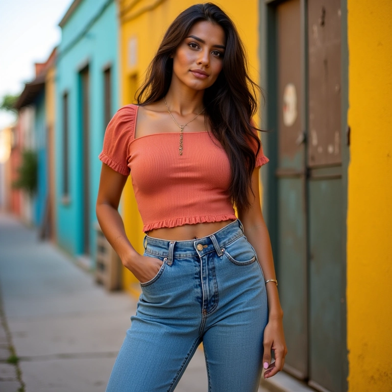 Mulher brasileira estilosa posando com calça flare e blusa moderna em cenário urbano vibrante.