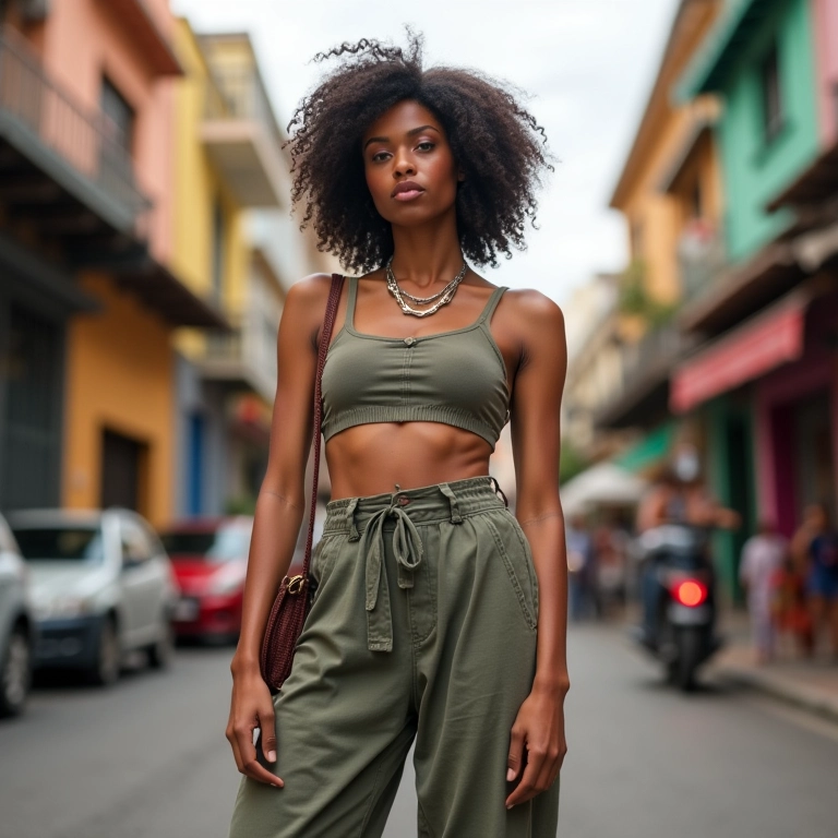 Mulher brasileira estilosa usando calça clochard de cintura alta em rua vibrante do Rio de Janeiro.