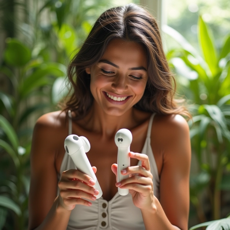 Mulher brasileira examinando gadgets de beleza em um banheiro ensolarado com plantas.