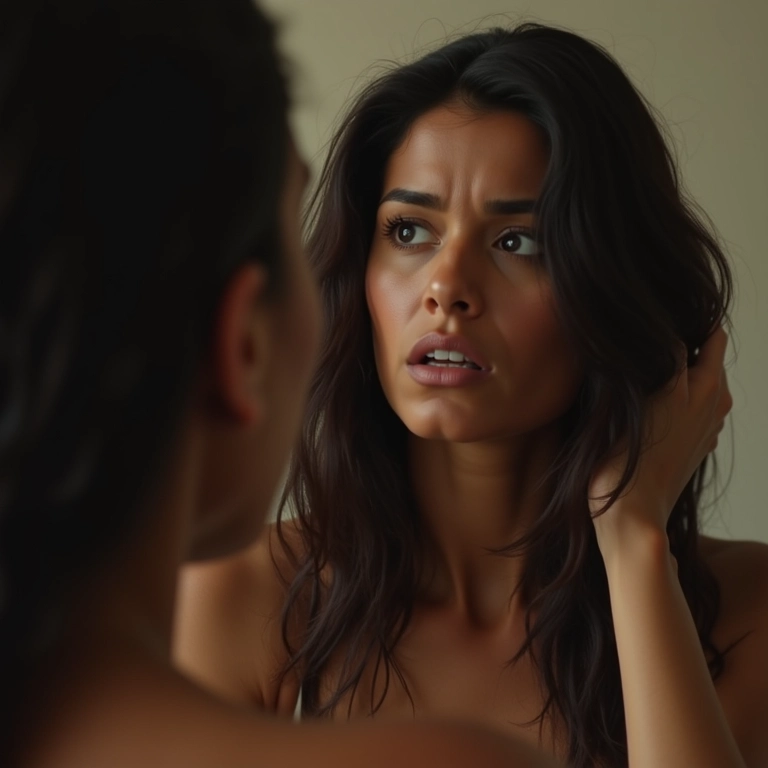 Mulher brasileira examinando seus cabelos no espelho, expressão preocupada.