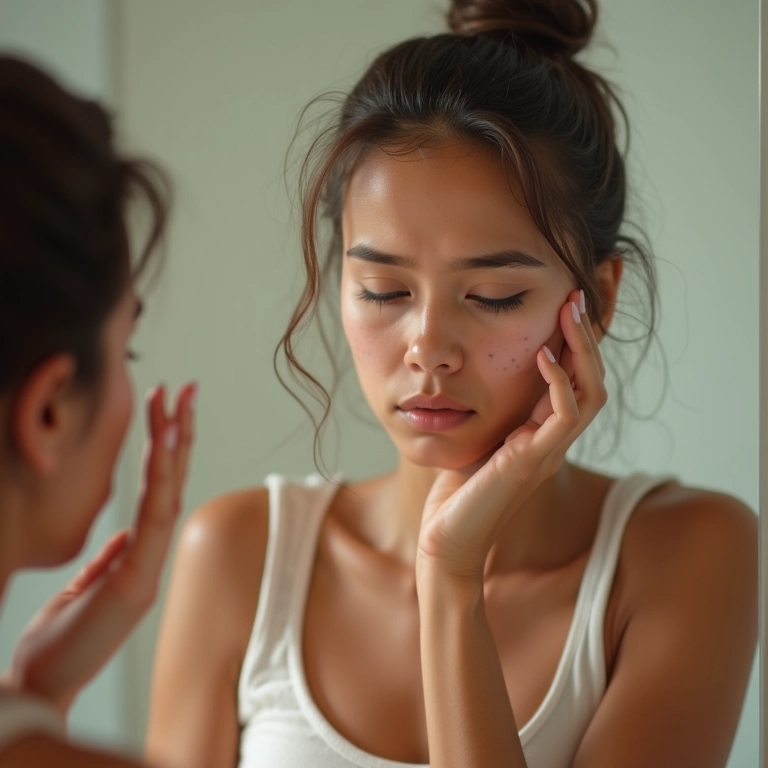 Mulher brasileira examinando sua pele oleosa em um banheiro iluminado.