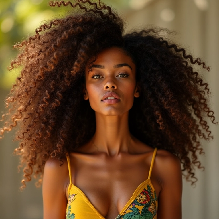 Mulher brasileira exibindo cabelo cacheado volumoso e saudável, tendências de 2025.