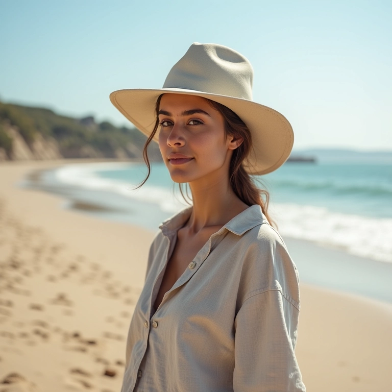Mulher brasileira explorando praia histórica da Normandia.