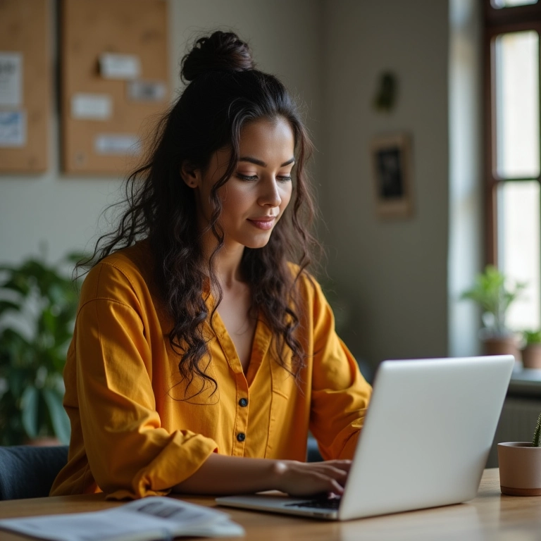 Mulher brasileira focada e motivada trabalhando em seu escritório em casa.