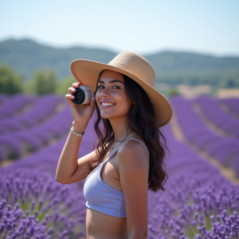Mulher brasileira fotografando campos de lavanda na Provença.