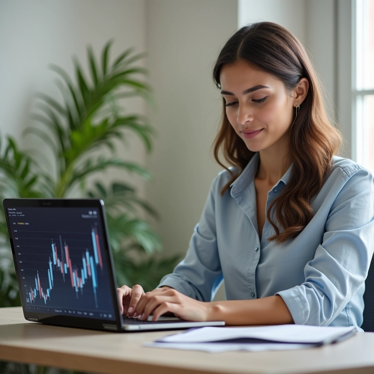 Mulher brasileira gerenciando suas finanças com confiança em seu escritório.
