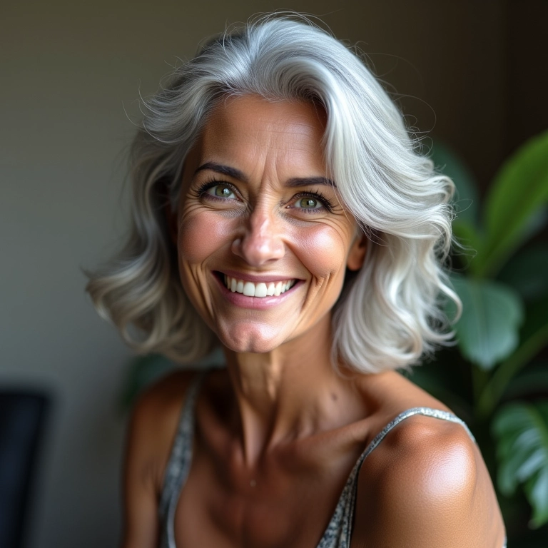 Mulher brasileira idosa sorrindo com cabelos grisalhos e pose confiante.