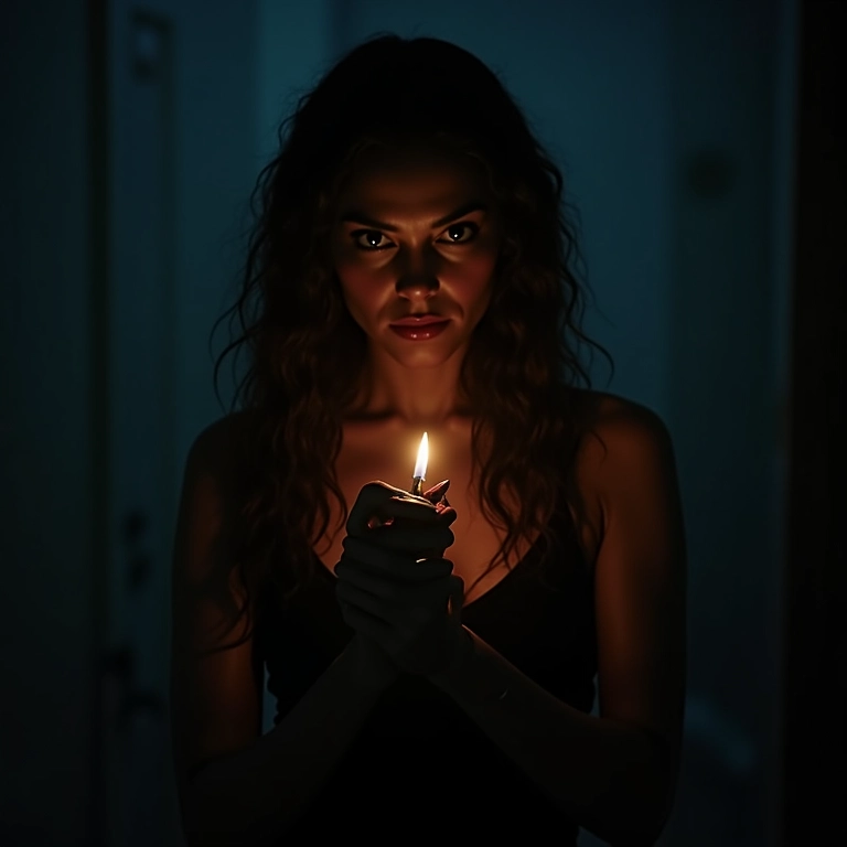 Mulher brasileira intensa com olhar penetrante, em um quarto com pouca luz, segurando um objeto misterioso.