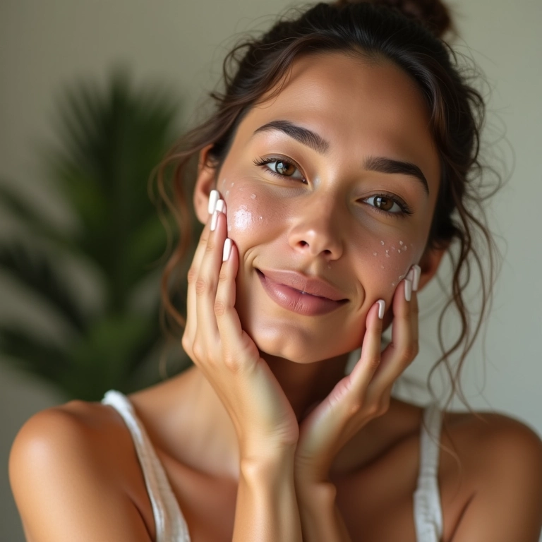 Mulher brasileira lavando o rosto com limpador suave, foco nos poros limpos.