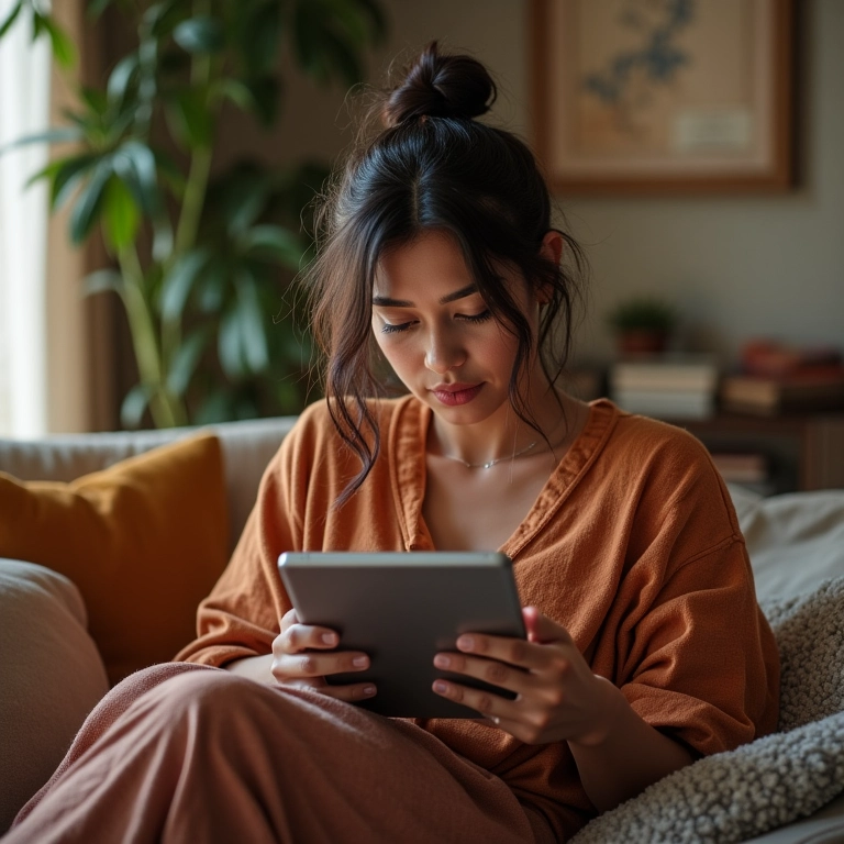 Mulher brasileira lendo reviews de gadgets de beleza em um tablet.