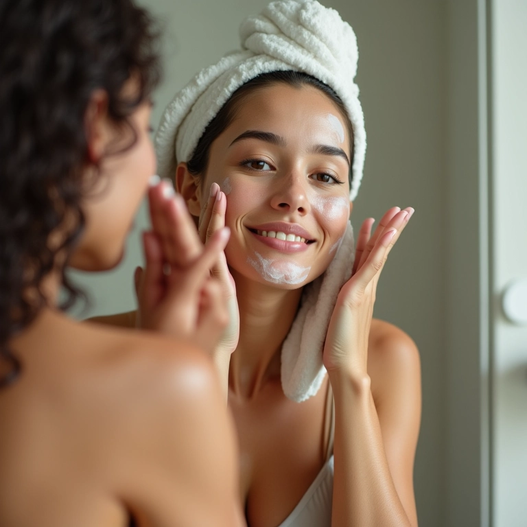 Mulher brasileira limpando o rosto em um banheiro com luz natural.
