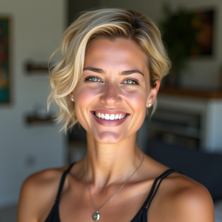 Mulher brasileira loira com cabelo curto exibindo penteado moderno e fácil em apartamento aconchegante.