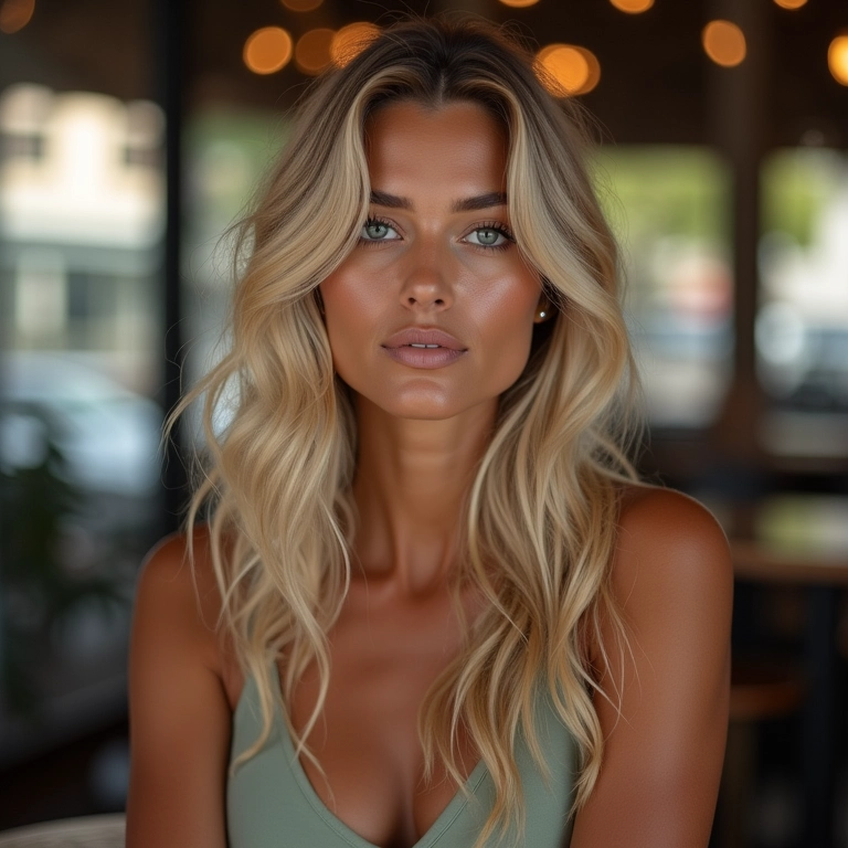 Mulher brasileira loira nude em um café chique em São Paulo.